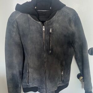 All Saints Troy Detachable-Hood Suede Bomber Jacket - New